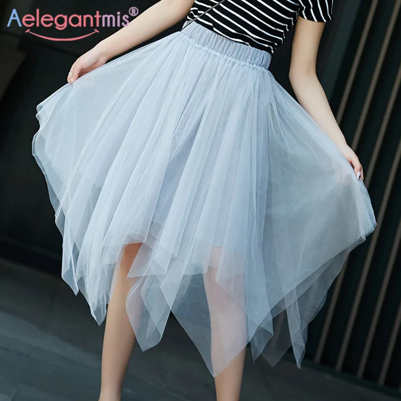 

Aelegantmis Tulle Mesh Skirts Womens Elastic High Waist Vintage Pleated Midi Skirt Female Casual Summer Sweet Skirts Black Grey