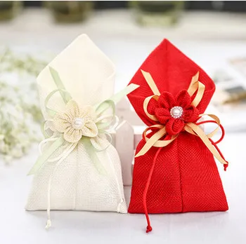 

Free shipping linen wedding gift bags with flower , 100pcs/lot, yyj3