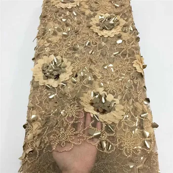 

Embroidery 3d Flowers Nigerian Latest Lace Fabric 2019 Dress Royal Blue Green Gold Sequined African French Mesh Net Lace Fabric
