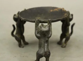 

Chinese Folk Collect Bronze Animal Cat Beast Candlesticks Menorah Plate Statue