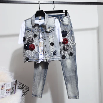 

Jeans Sets for Women Two Piece Set Spring Autumn New Stereo Flower Waistcoat Denim Vest Suit Trousers Pantsuit Fashion Suits