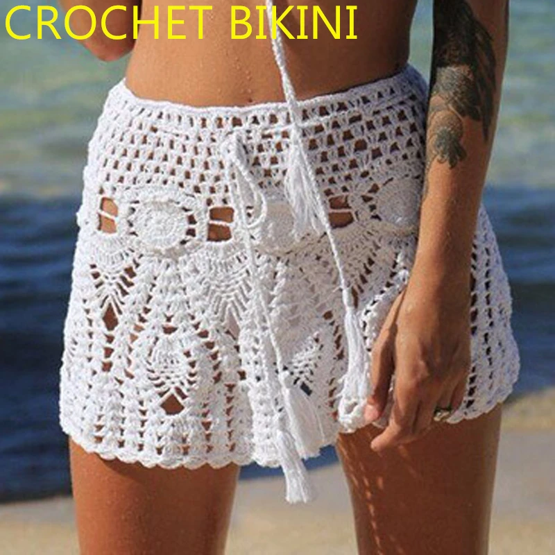 CROCHET BIKINI New Sexy Crochet Beach Skirt Cotton Swimsuit Fused Skirt Casual Beach Running Lace See Through Slim Mini Skirts