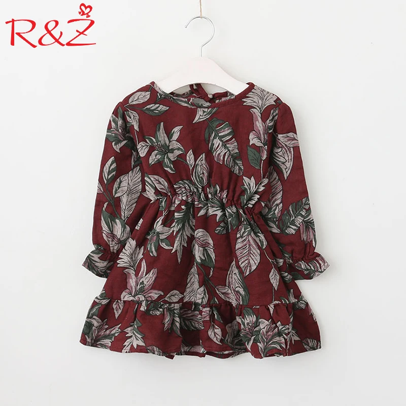 

R&Z Girls Dresses 2018 Spring and Summer New Girl Flower Print Elastic Waist Long-sleeved Dress for Kids Children's Clothing k1