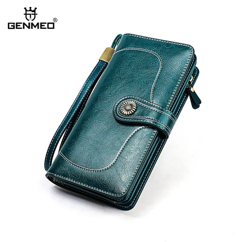 

GENMEO New Genuine Leather Wallet Women Cow Leather Purse with Card Holders Female Clutch Dollar Bag Bolsa Feminina