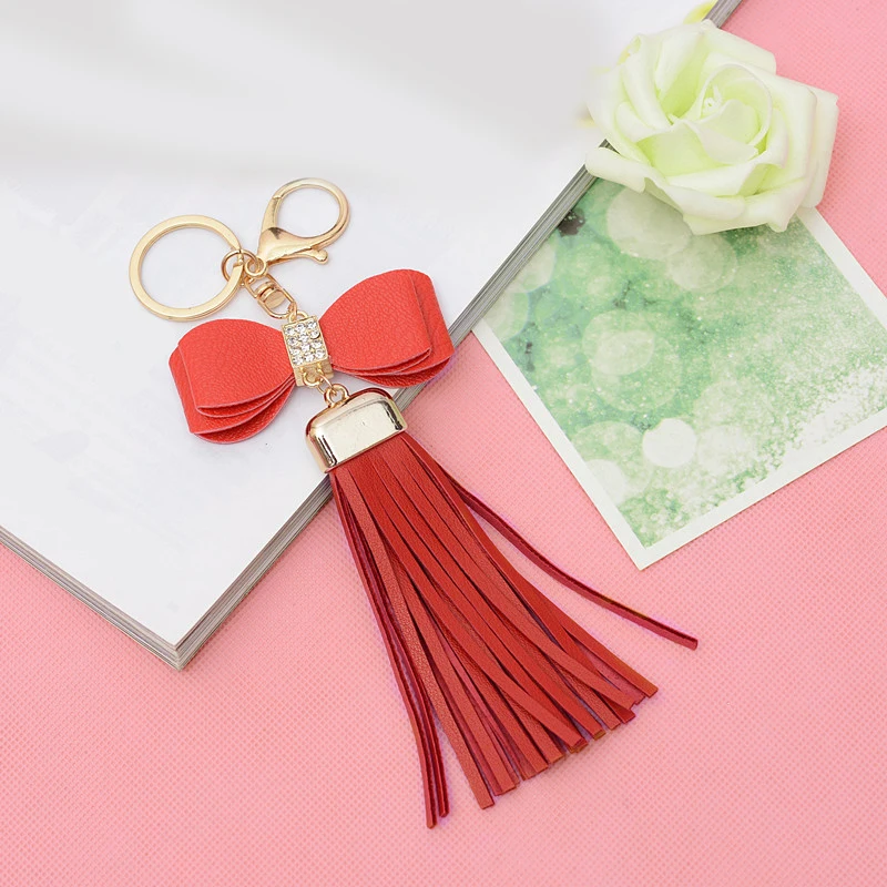 Кожа стразы бант брелок Мода длинной кисточкой брелок для автомобильных сумок, подвески, подвесные украшения подарок для Для женщин девочек брелок - Цвет: B-Red