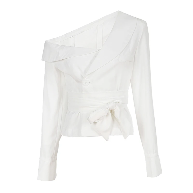 Дизайн, Осенний Женский блейзер, блузка, шикарный, на одно плечо, сексуальный, тонкий, Женский блейзер с длинным рукавом, одноцветная белая верхняя одежда AO552