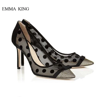 

2019 Black Polka Dot Pumps Breathable Air Mesh Stiletto Heels Shoes Elegant Ladies Pointed Toe High Heels Dress Shoes Woman