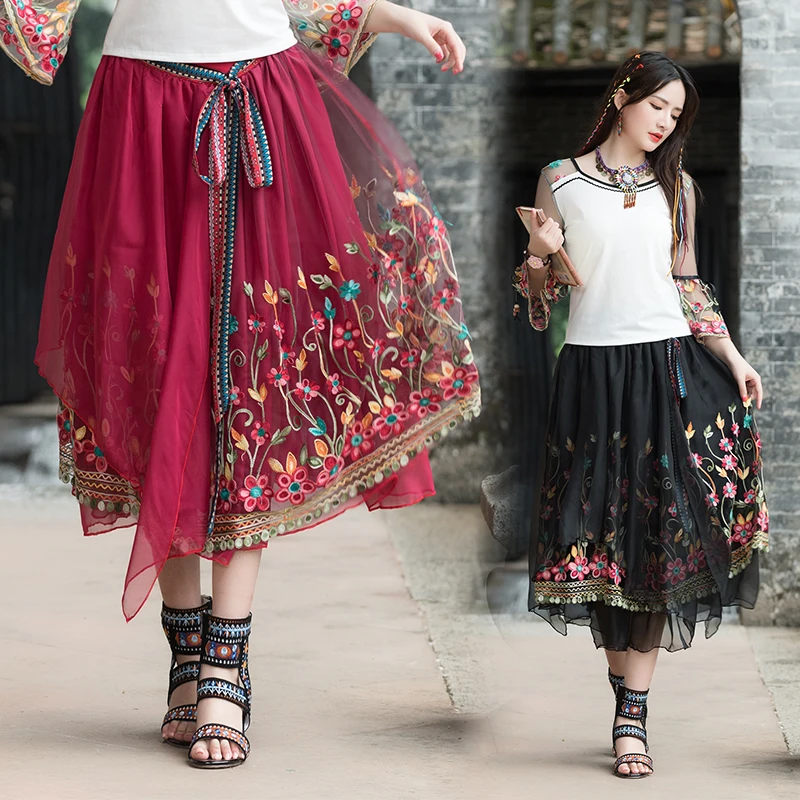 

2018 Summer New Vintage Ethnic Style Long Skirt Embroidery High Waist Chiffon Elegant Skirt Tutu Skirts