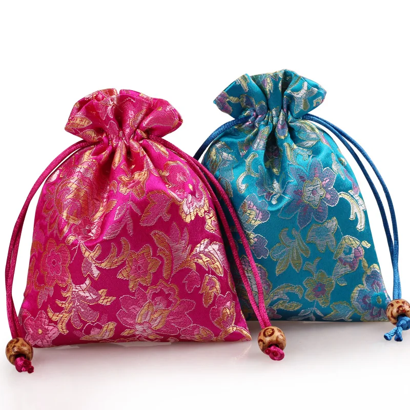 Thick Flower Silk Brocade Bag Drawstring Small Bags for Gift Jewelry Packaging Trinket Candy Tea