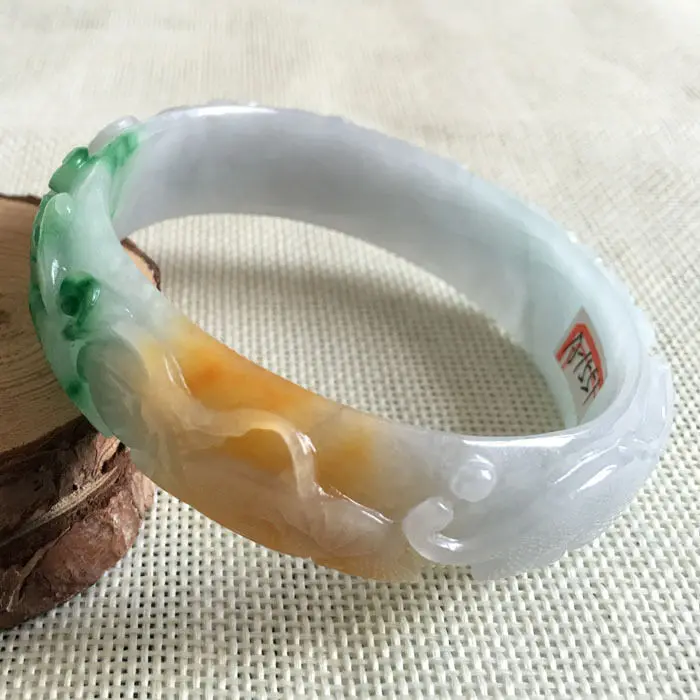 

A-1551 Chinese Hand-carved Brown Emerald Green Jadeite Jade Bangle Bracelet 61mm 28% 10.13