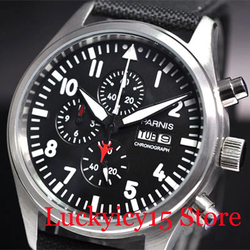

PARNIS 42MM Quartz Men's Watch Chronograph Function Weekday and Date Indicator Silver Wristwatch