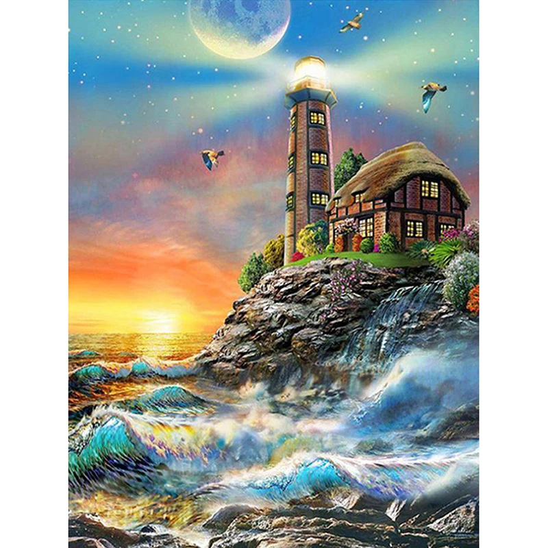 

DIY Diamond Painting Cross Stitch Home Decor Lighthouse & Wave Full Rhinestone Mosaic 5D Diamond Embroidery