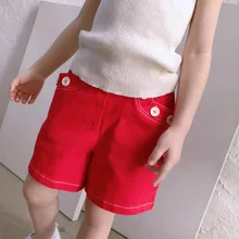 Летние джинсы, шорты для детей, однотонные, красные, милые детские шорты для малышей, детские шорты с вышивкой вишни
