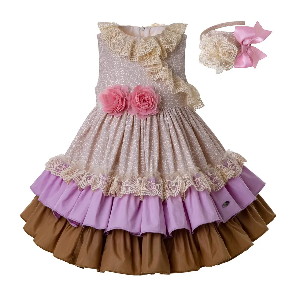 Pettigirl/бежевое платье для девочек с розовым цветком; милое платье для девочек на свадьбу; летняя детская одежда; G-DMGD201-C136 - Цвет: G-DMGD201-C136