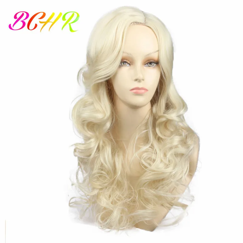 BCHR Long Wavy White Color Synthetic Wigs For Women Long Light Blonde