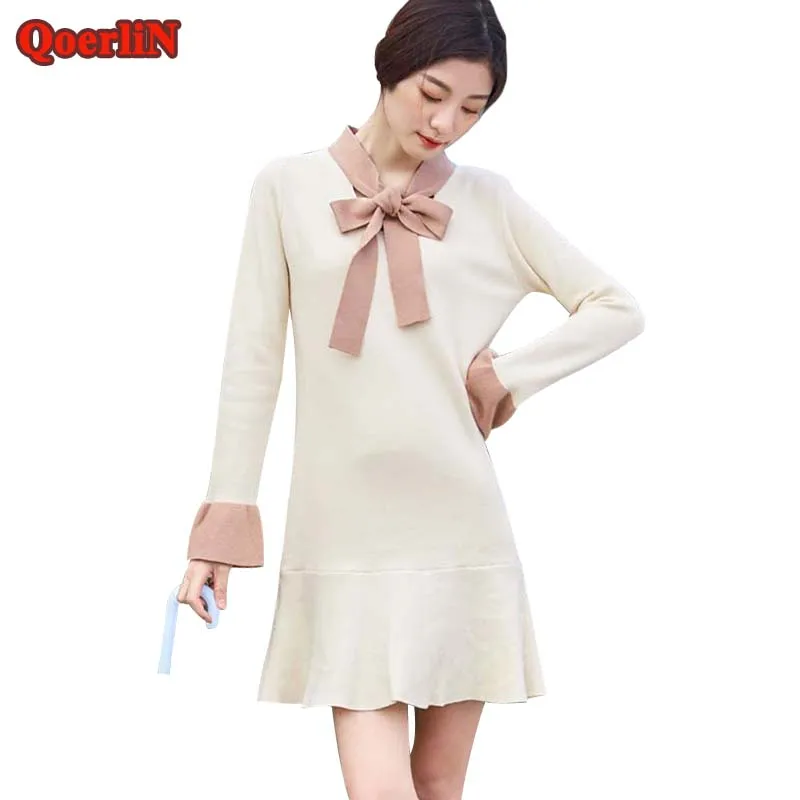 

QoerliN Sweet Bow Long Sleeve Dress Spring Summer Fashion New Streetwear Knitted Dress 2018 Vestidos Mujer Women Clothing Girls