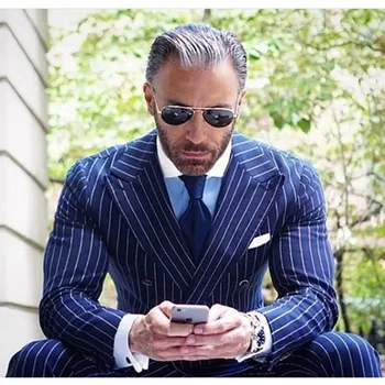 

Latest Coat Pant Designs Navy Blue Stripe Men Suit Double Breasted Blazer Slim Fit 2 Piece Tuxedo Custom Groom mens Suits Ternos
