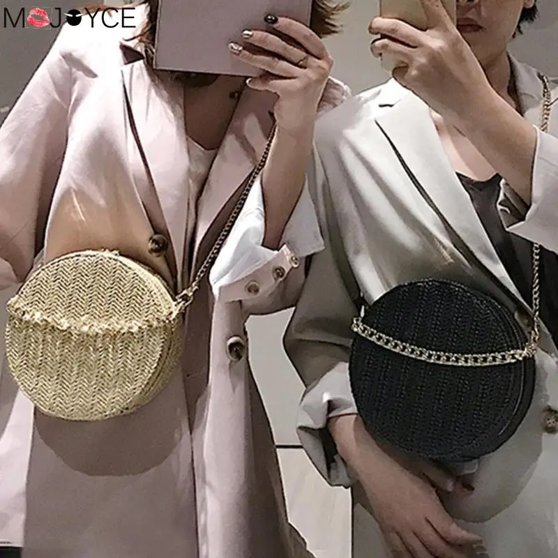 

Hand-woven Round Shoulder Bag Women's Bohemian Summer Straw Beach Travel Bag Female Shopping Tote Bags Chain Women Shoulder Bag