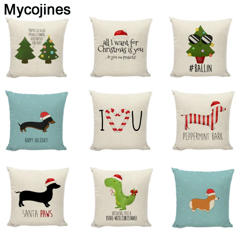 

Christmas Dachshund Decorative Cushion Covers Cartoon Lovely Corgi Dinosaur Print Home Decor Garden Linen Cotton Pillow Cover