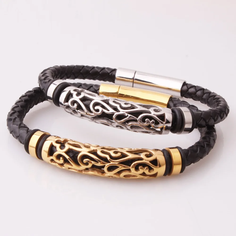 

11mm New Arrive Stainless Steel Black Silver/Black Gold Pattern Black Leather Woven Bracelet Chain Cuff Bangle Mens Boys Jewelry