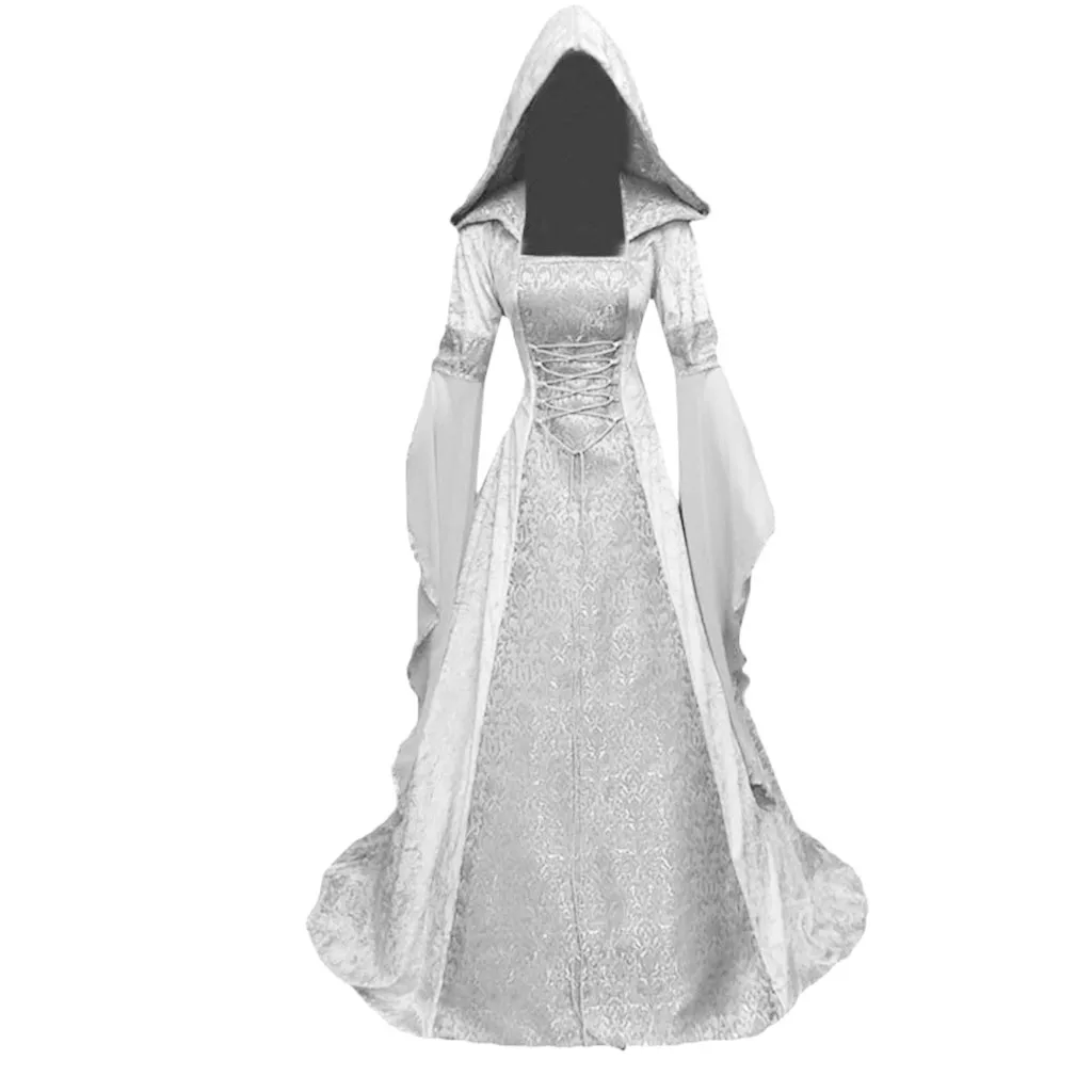 

Women Vintage A Line Long Maxi Dresses Long Sleeve Butterfly Sleeve Hooded Collar Dresses Ruffle Cosplay Summer Robe Femme #LR3