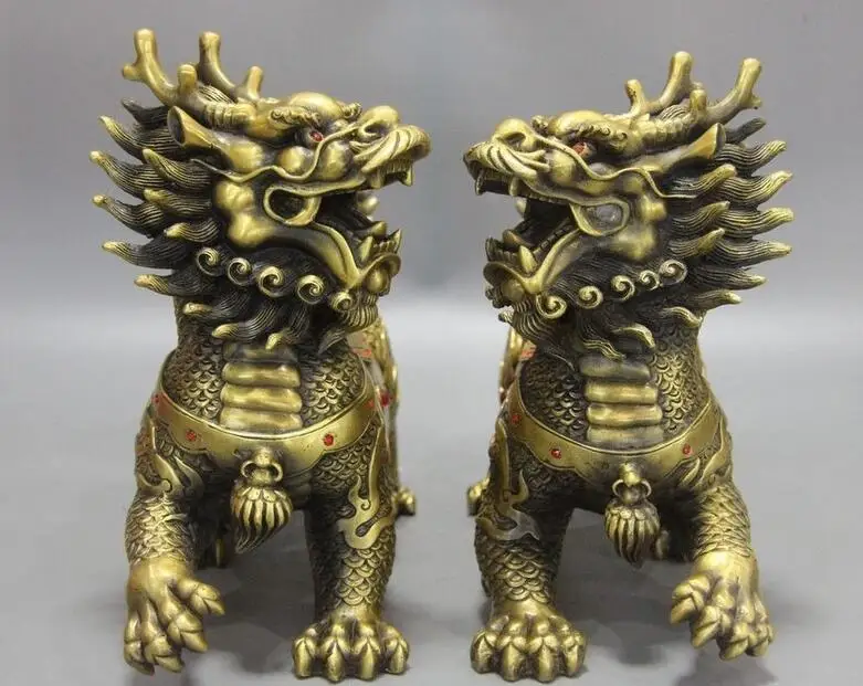 Китайская латунная статуя фэн шуй Дракон Yuanbao Phoenix Fu Foo Dog Lion Kirin kylin|Статуи и