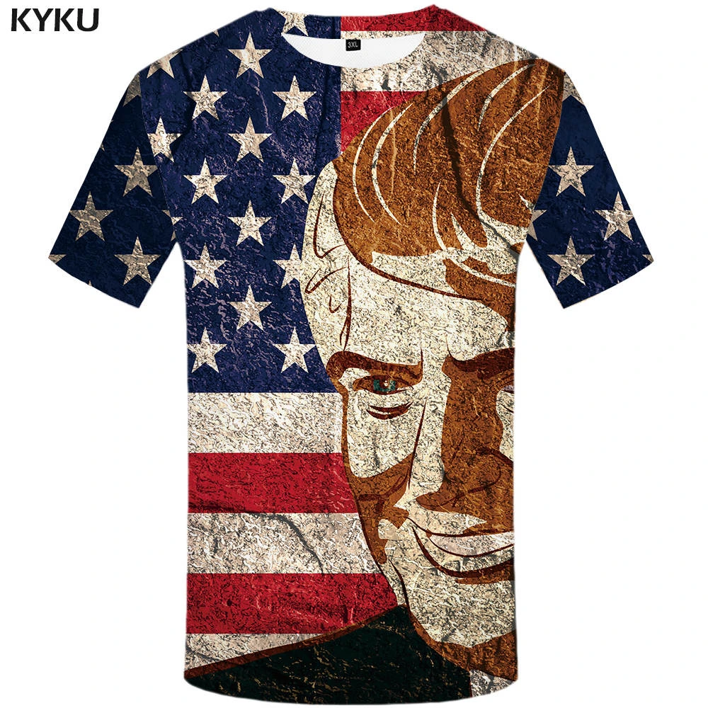 Мужская футболка с флагом США KYKU серая 3D принтом в виде Трампа лето 2019|tshirt men