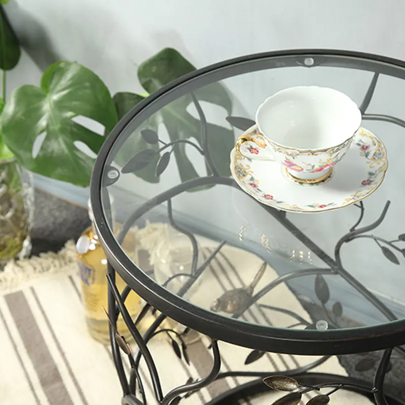 Vintage Round Living Room Sofa Balcony Small Round Table Side Table, Iron Tea Table Tempered Glass, Creative Furniture