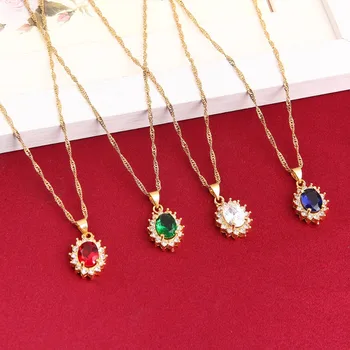 

Color Blue Green Red Crystal Water Drop Pendant Necklace Rhinestone Crystal Gold Color Women Bridal Jewelry Factory Price
