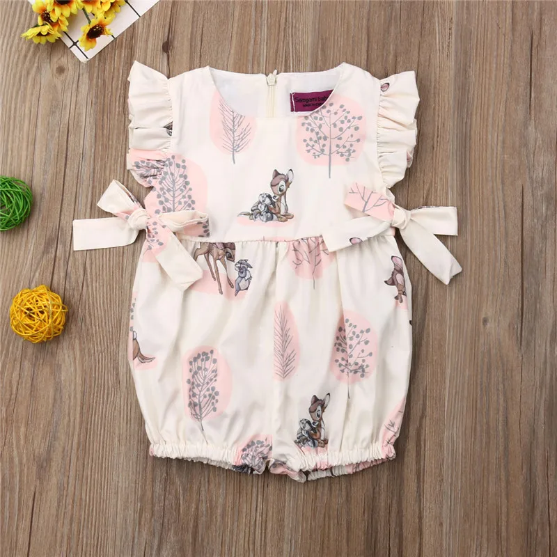 Модный милый комбинезон с рисунком оленя для новорожденных девочек, одежда с оборками, летняя одежда