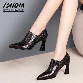 

ISNOM High Heels Pumps Women Autumn Pumps Cow Leather Office Shoes Female Fashion Pointed Toe OL Shoes Women Black 2019 New