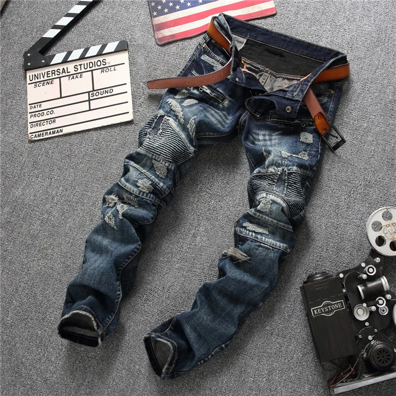 2019 новые модные мужские джинсы Slim-fit отверстие прямой талии локомотив складки мужские синие джинсы больше размер 29-34 36 38