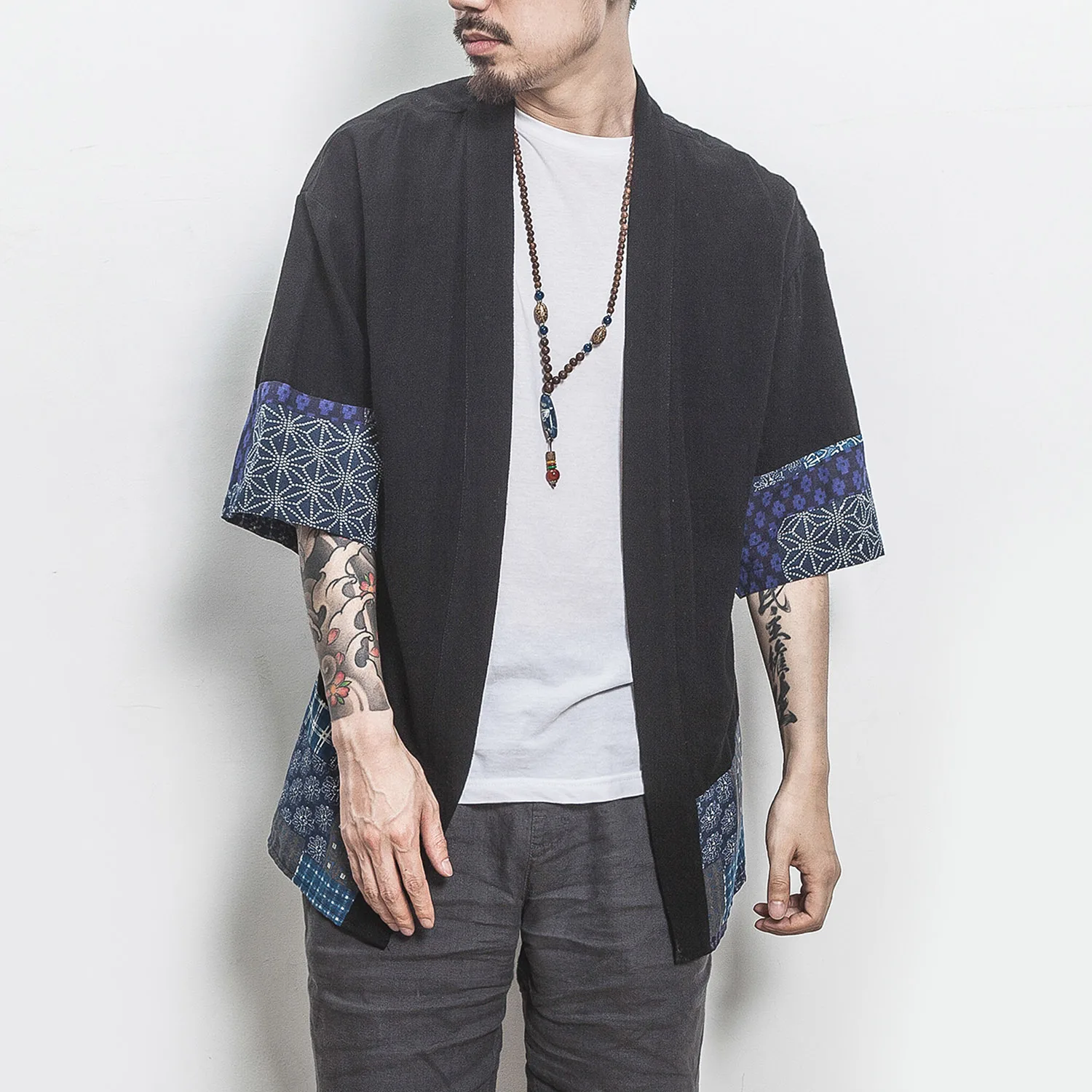 

New Male Japan Cardigan Kimono Shirt Jacket Men Fashion Splice Casual Cotton Linen Short Sleeve Shirt