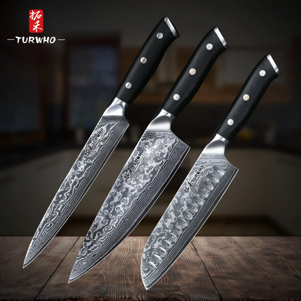 

TURWHO 3PCS Pro Kitchen Knife Set 67 layers High Carbon Japanese Damascus Steel Chef Santoku Bread Knife G10 Handle Cooking Tool