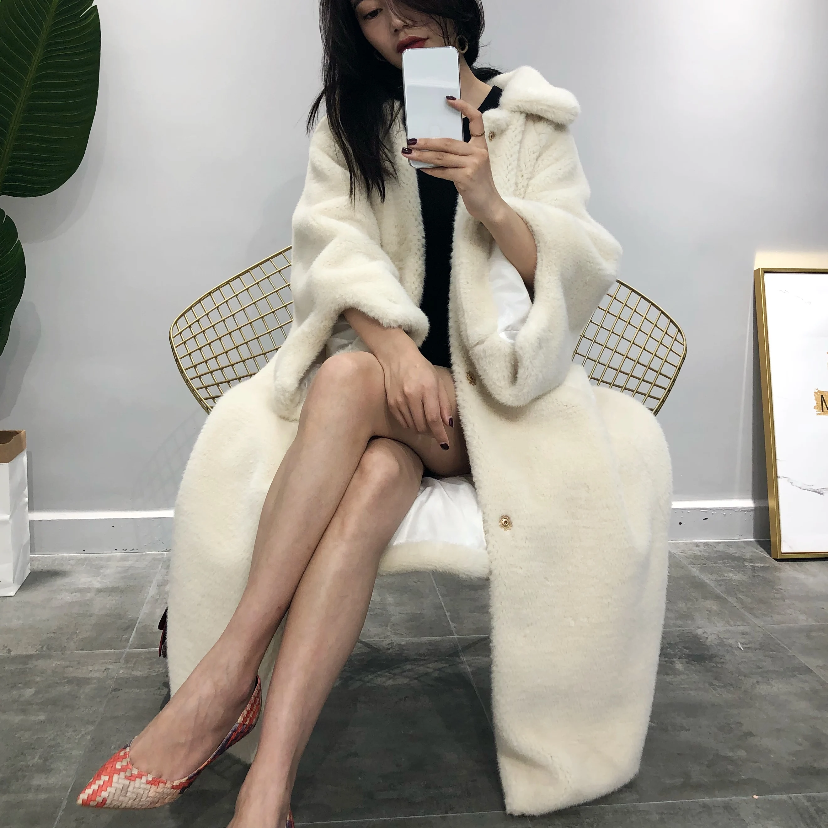 Nagodo Trench Coat For Women Mink Faux Fur Coat Winter Thick Warm Long Overcoat white Pink Loose Oversized Fur Coats plus size L