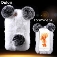 Dulcii Coque принципиально для iPhone 6 S 6 Panda Форма теплый кролик Мех жемчуг, горный хрусталь Жесткий чехол для Iphone 6S 4.7-Дюймовый Жесткий сумка