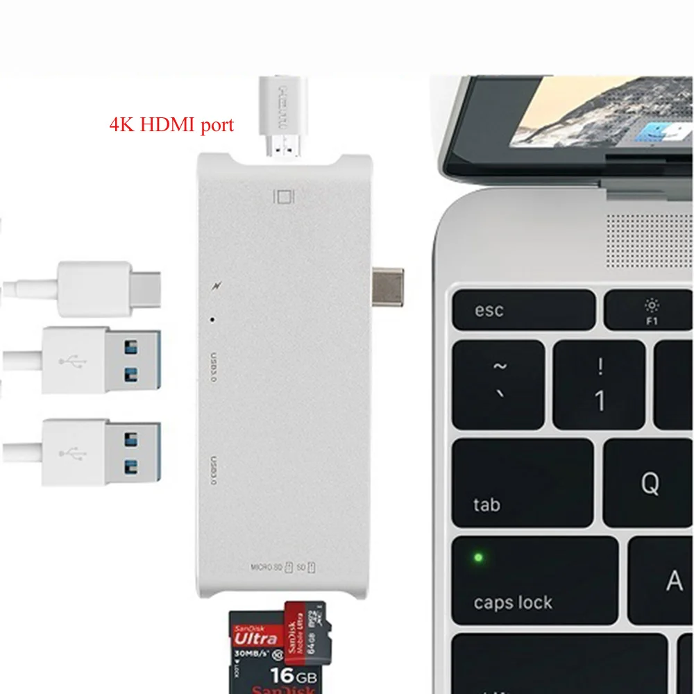 

USB 3.1 Type-C 7 Ports Hub Adapter High Speed 10Gbps Hdmi 4K Aluminum Multiple USB-C HUB for IOS Huawei Dell Lenovo Xiaomi