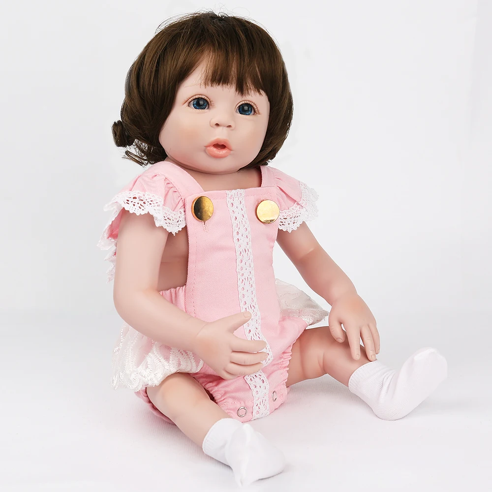 

NPK DOLL Reborn Baby Doll 19 inch Like Preemie Brown Hair Wigs Full Silicone Soft Material Blue Eyes Lovely Beautiful Girl