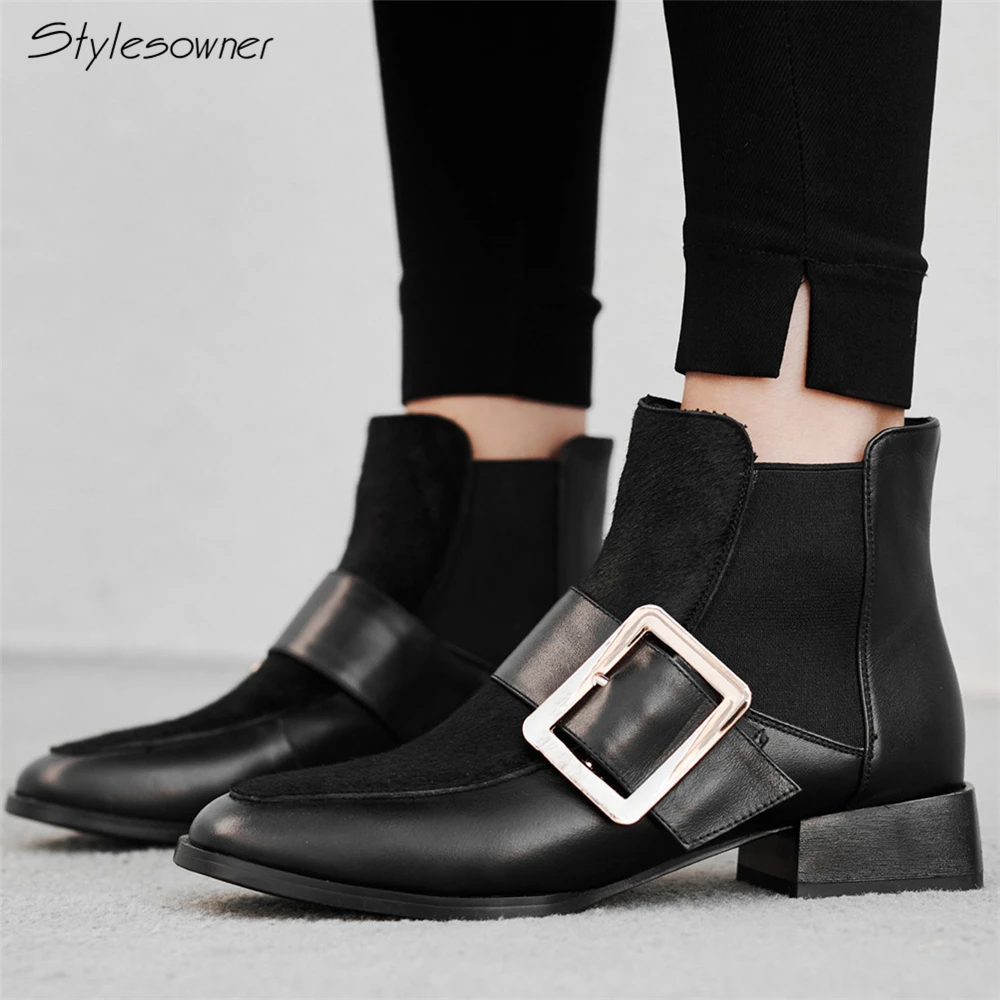 

Stylesowner Women Real Leather Chelsea Boots Patchwork Horse Hair Short Ankle Boots Female Metal Big Buckle Botas Casual Boots