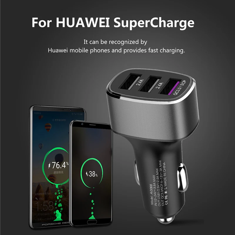 GREENPORT USB Car Charger Quick Charge 3.0 2.0 3Port type C Car Fast Charging for Huawei Samsung iPhone Mobile Phone accessories