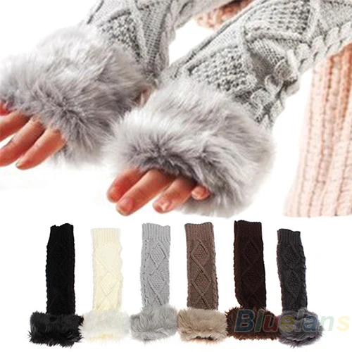 

Bluelans Lady Winter Wrist Arm Warmer Faux Rabbit Fur Knit Fingerless Knitted Long Gloves