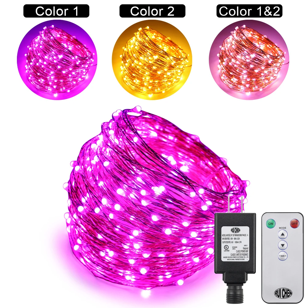 

Dual Color LED String Lights Color Changing Plug in, 99Ft 300LEDs 10 Modes Copper Wire Decorative Fairy Lights+Remote control