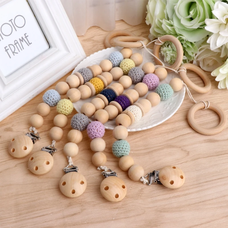 Baby Pacifier Chain Infant Wooden Bead Loop Pacifier Holder Clip Nipple