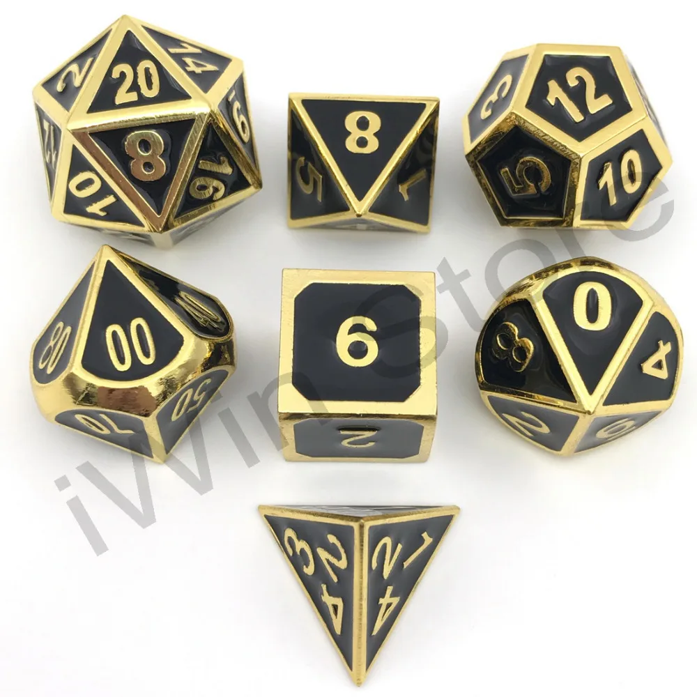 Shiny Gold w/Black Metal Enamel Dice D4 D6 D8 D10 D D12 D20 for