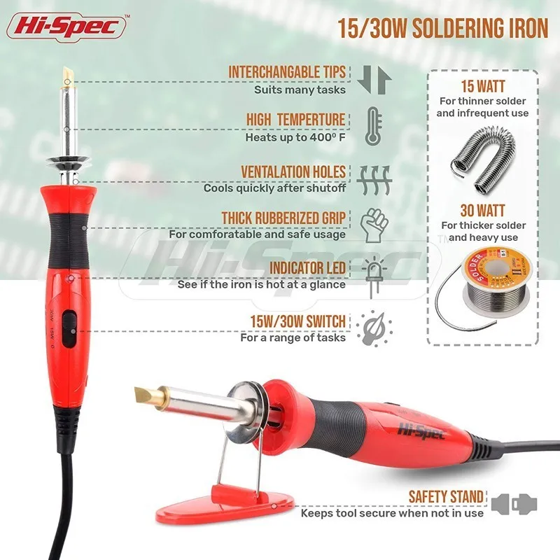 Hi-Spec 15pc 2in1 0-15w-30W Dual Temperature Electrical Soldering Iron Wood Burning Pyrography Set Solder Iron Pen Welding Set 