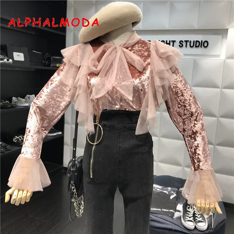 ALPHALMODA Осень марли галстук бабочка для женщин Винтаж бархат блузки для малышек Slim Fit Раффлед отделкой Женская мода Нижняя бархатная рубашк