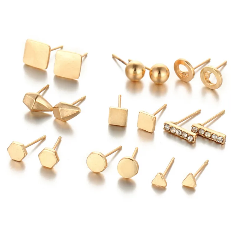 

9Pairs/set Crystal Stud Earrings Set For Women Female Round Small Geometric Piercing Earrings For Party Gift Gold/Silver Color