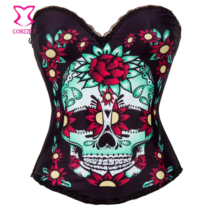 

Floral & Skull Pattern Burlesque Corsage Bustier Corset Top Sexy Lingerie Corsets and Bustiers Steampunk Rave Gothic Clothing