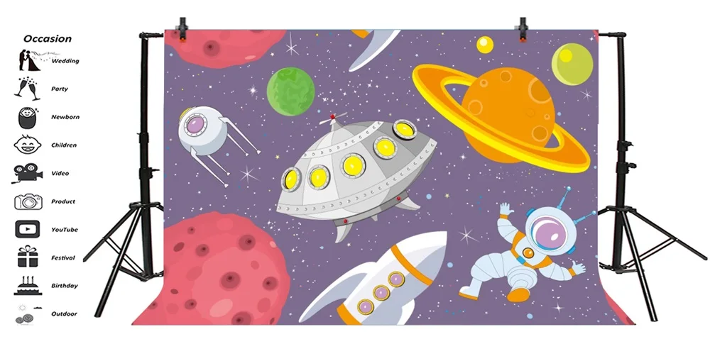 Laeacco Baby Party Cartoon Spaceship Planet Photography Backgrounds Digital Customized Photographic Backdrops For Photo Studio