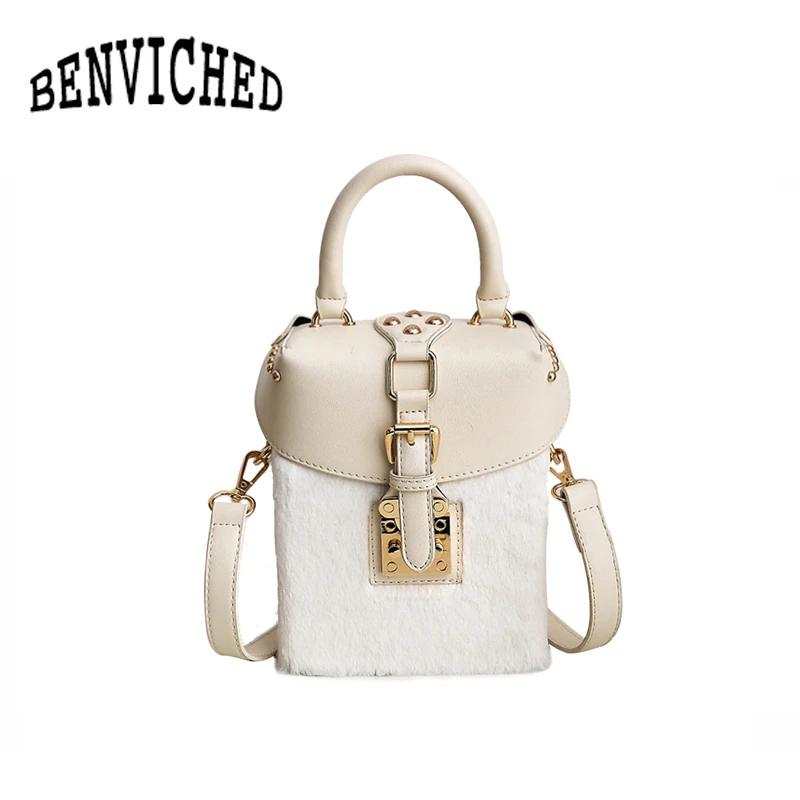 

BENVICHED 2018 new Plush Box Handbag Fashion Lock Small Square Women Bag Korean Version Shoulder Bag Ladies Messager Bag L017